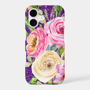 Watercolor Roses in Pink and Cream Purple Glitter
