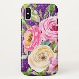 Watercolor Roses in Pink and Cream Purple Glitter iPhone X Case