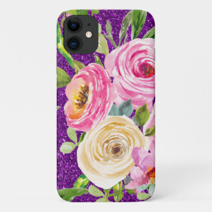 Watercolor Roses in Pink and Cream Purple Glitter iPhone 11 Case