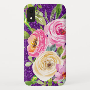 Watercolor Roses in Pink and Cream Purple Glitter iPhone XR Case