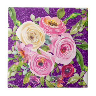 Watercolor Roses in Pink and Cream Purple Glitter Ceramic Tile