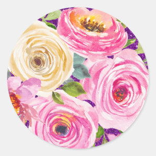 Watercolor Roses in Pink and Cream Purple Glitter Classic Round Sticker
