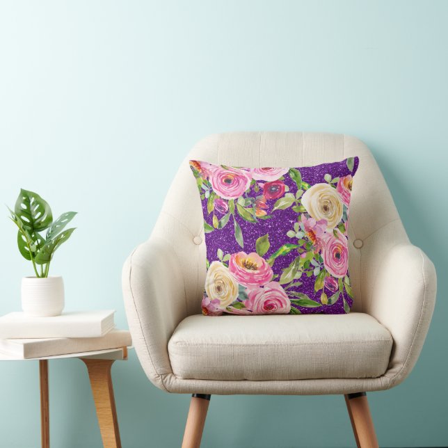 Watercolor Roses in Pink and Cream Purple Glitter Cushion (Chair)