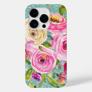 Watercolor Roses in Pink Cream Aqua Glitter Case-Mate iPhone 14 Pro Case