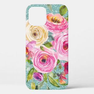 Watercolor Roses in Pink Cream Aqua Glitter iPhone 12 Case