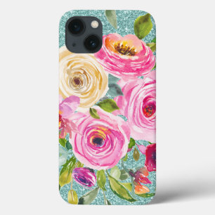Watercolor Roses in Pink Cream Aqua Glitter iPhone 13 Case
