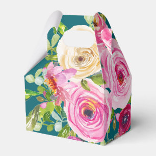 Watercolor Roses in Pink on Teal Personalised Favour Box