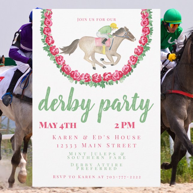 Watercolor Roses Jockey Horse Derby Party Invitation (Creator Uploaded)
