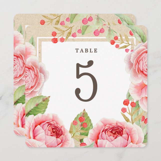 Watercolor Roses | Kraft Paper Party Table Numbers (Front/Back)