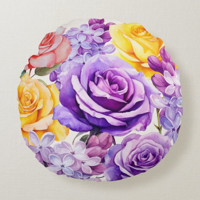 Watercolor Roses & Lilac Flowers Round Pillow (Front)