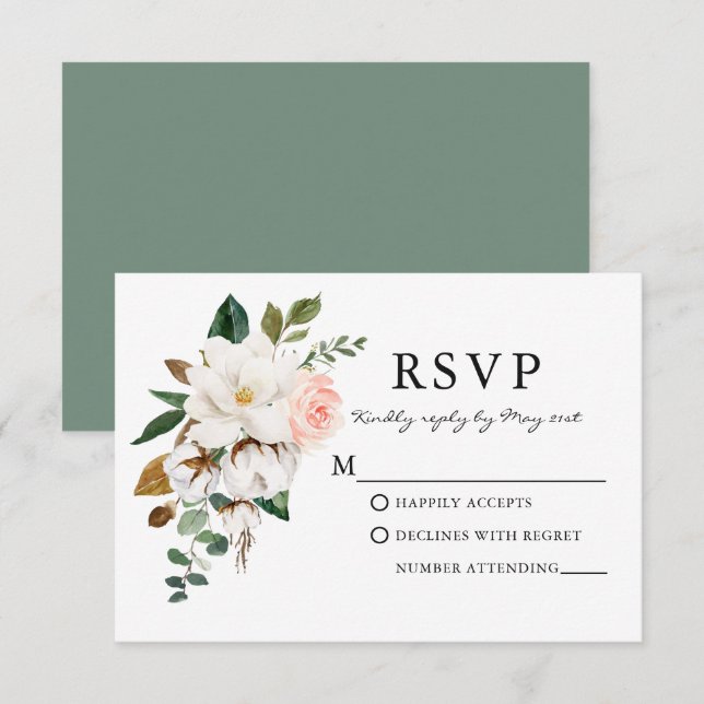 Watercolor Roses Magnolias Wedding Sage Green RSVP Card (Front/Back)