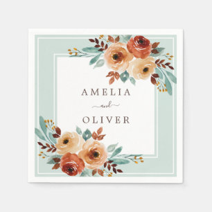 Watercolor Roses Mint Green Wedding Napkin