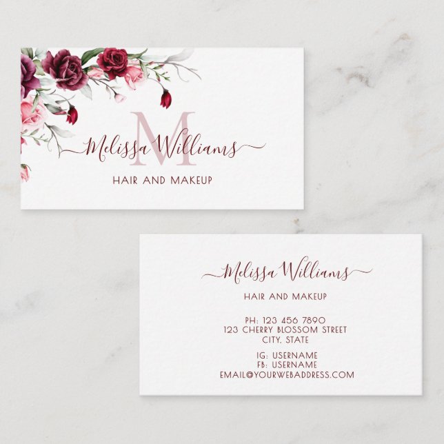 Watercolor Roses Monogram Black Business Card (Front/Back)