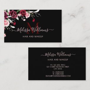 Watercolor Roses Monogram Black Business Card