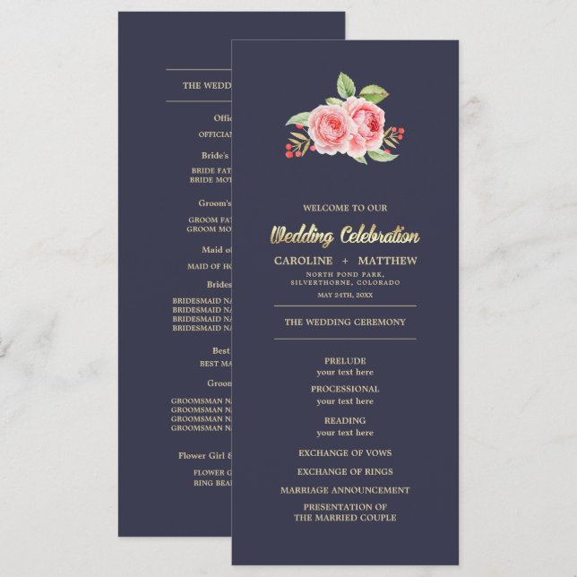 Watercolor Roses | Navy Blue Wedding Flat Programs (Front/Back)