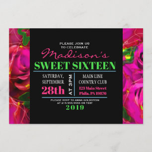 WATERCOLOR ROSES NEON Sweet Sixteen Invitation