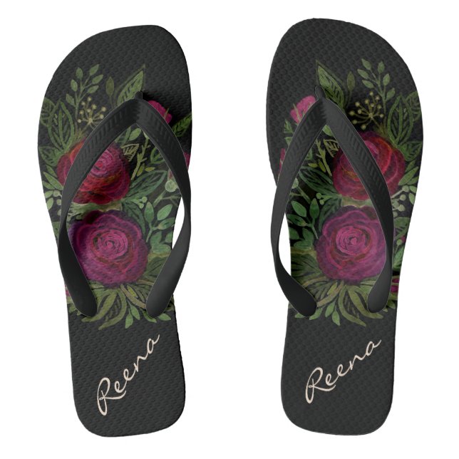 Watercolor roses, on a black background, watercolo thongs (Footbed)