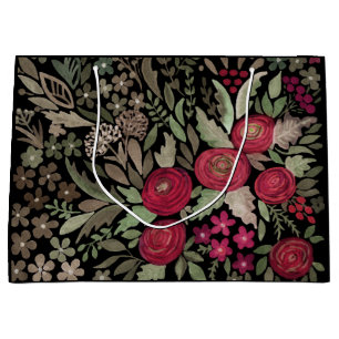 Watercolor roses on a black background, watercolor large gift bag