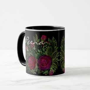 Watercolor roses on a black background, watercolor mug