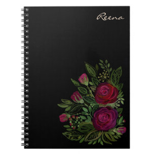 Watercolor roses on a black background, watercolor notebook