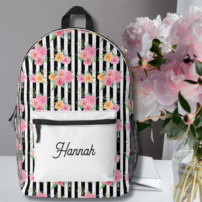 Watercolor Roses on Black and White Stripes  Printed Backpack (Creator Uploaded)