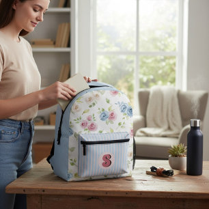 Watercolor Roses Pastel Stripe Initial Backpack