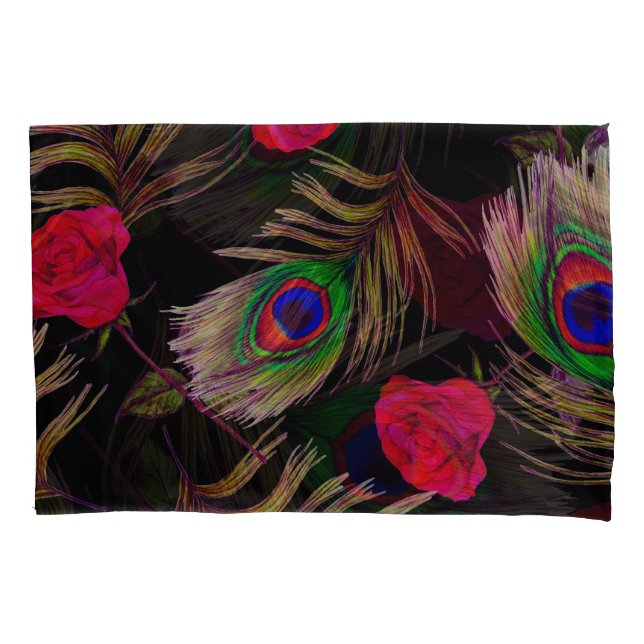 Watercolor roses, peacock feathers, decorative. pillowcase (Front)