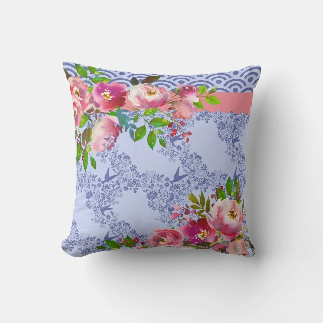 Watercolor Roses & Periwinkle Blue Throw Pillow (Front)