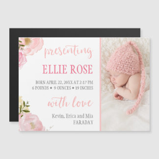 Watercolor Roses Photo Birth Announcement Magnet