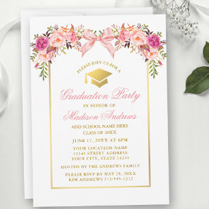 Watercolor Roses Pink Bow Graduation Party Invitation