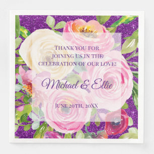 Watercolor Roses Pink Cream on Purple Wedding Napkin