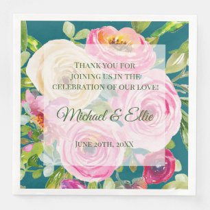 Watercolor Roses Pink Cream on Teal Wedding Napkin