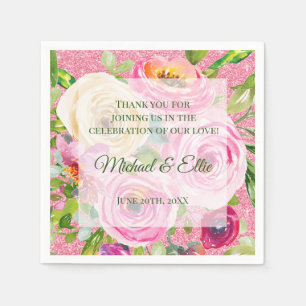 Watercolor Roses Pink Cream Pink Glitter Wedding Napkin