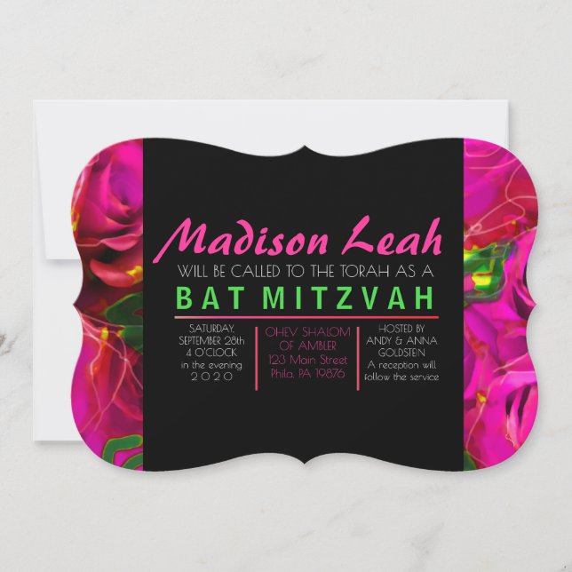 WATERCOLOR ROSES PINK NEON Bat Mitzvah Invitation (Front)