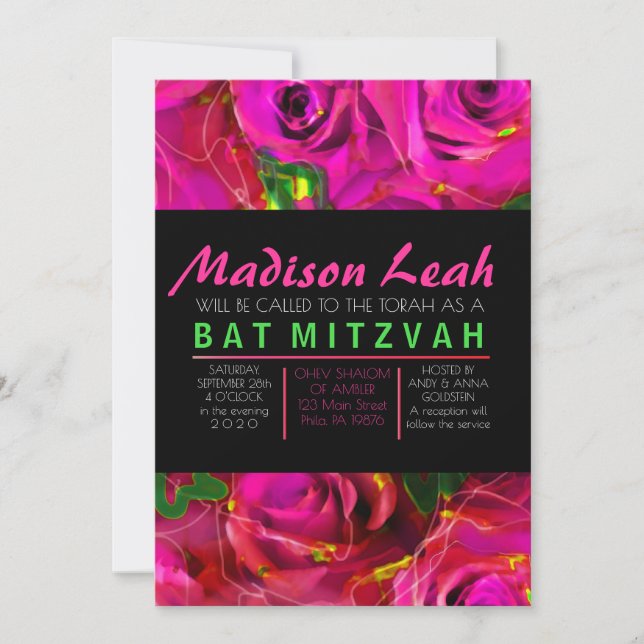 WATERCOLOR ROSES PINK NEON Bat Mitzvah Invitation (Front)
