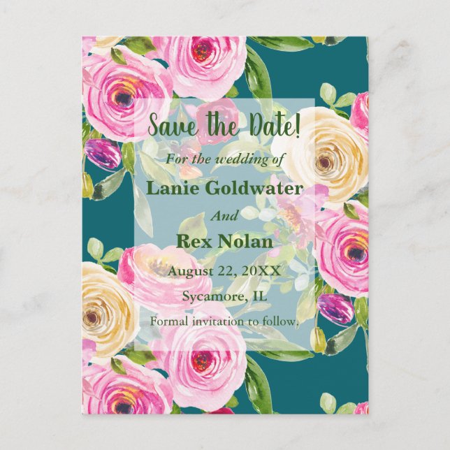 Watercolor Roses Pink on Teal Save the Date Postcard (Front)