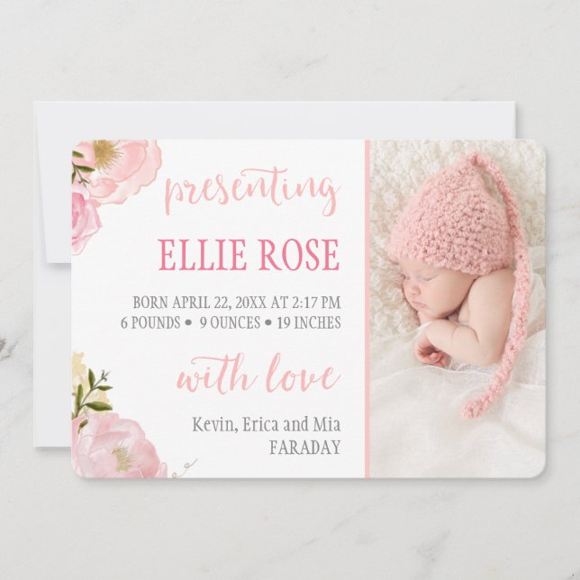 Watercolor Roses Pink Photo Birth Announcements (Front)