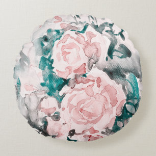 Watercolor Roses Pink, Teal, Grey Round Cushion