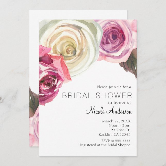 Watercolor Roses Pink & White Chic Bridal Shower Invitation (Front/Back)