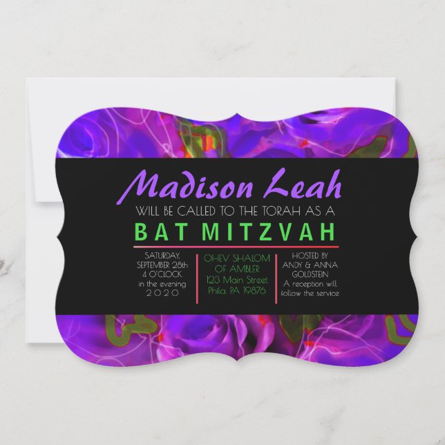 WATERCOLOR ROSES PURPLE NEON Bat Mitzvah Invitation (Front)