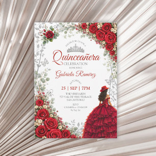 Watercolor Roses Red and Silver Quinceañera  Invitation