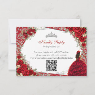 Watercolor Roses Red and Silver Red Quinceañera RSVP Card