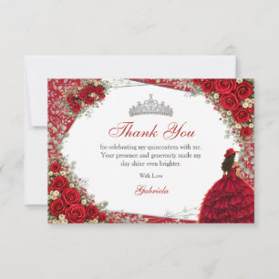 Watercolor Roses Red and Silver Red Quinceañera Thank You Card