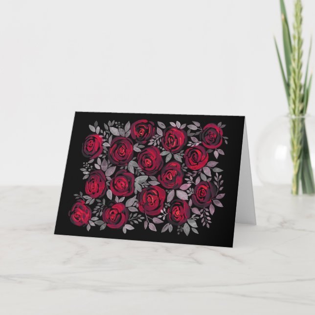 Watercolor roses, red roses on black card (Front)