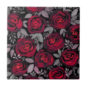 Watercolor roses, red roses on black ceramic tile