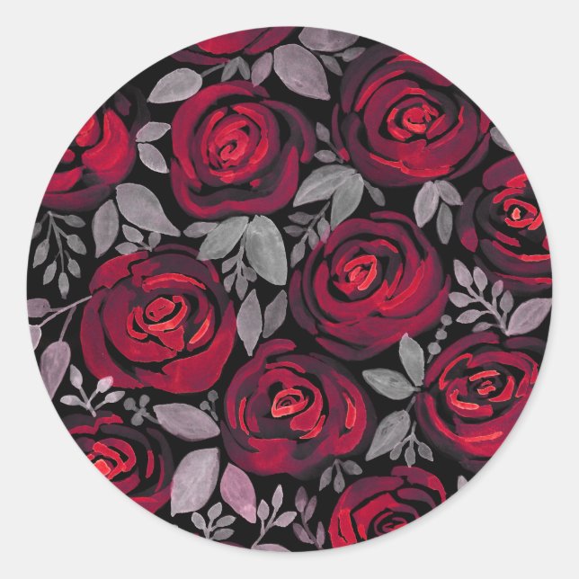 Watercolor roses, red roses on black classic round sticker (Front)
