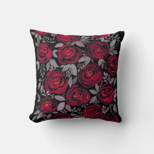 Watercolor roses, red roses on black cushion