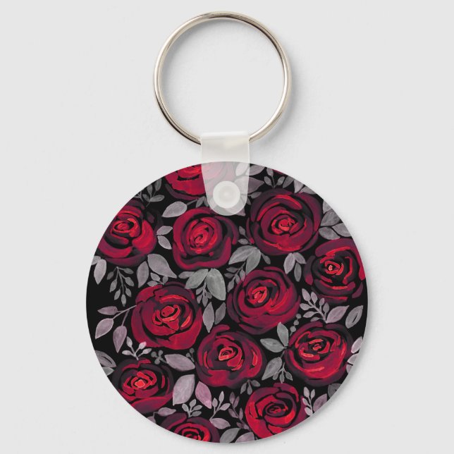 Watercolor roses, red roses on black key ring (Front)