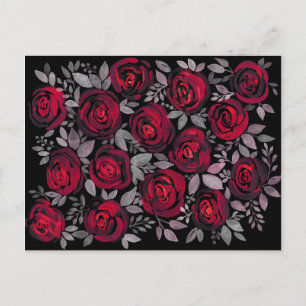 Watercolor roses, red roses on black postcard