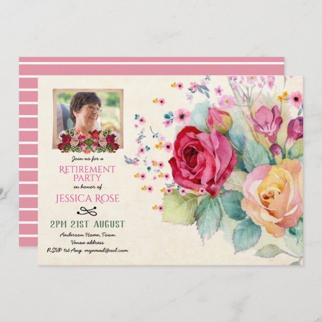 Watercolor Roses RETIREMENT PHOTO Invites Pink (Front/Back)